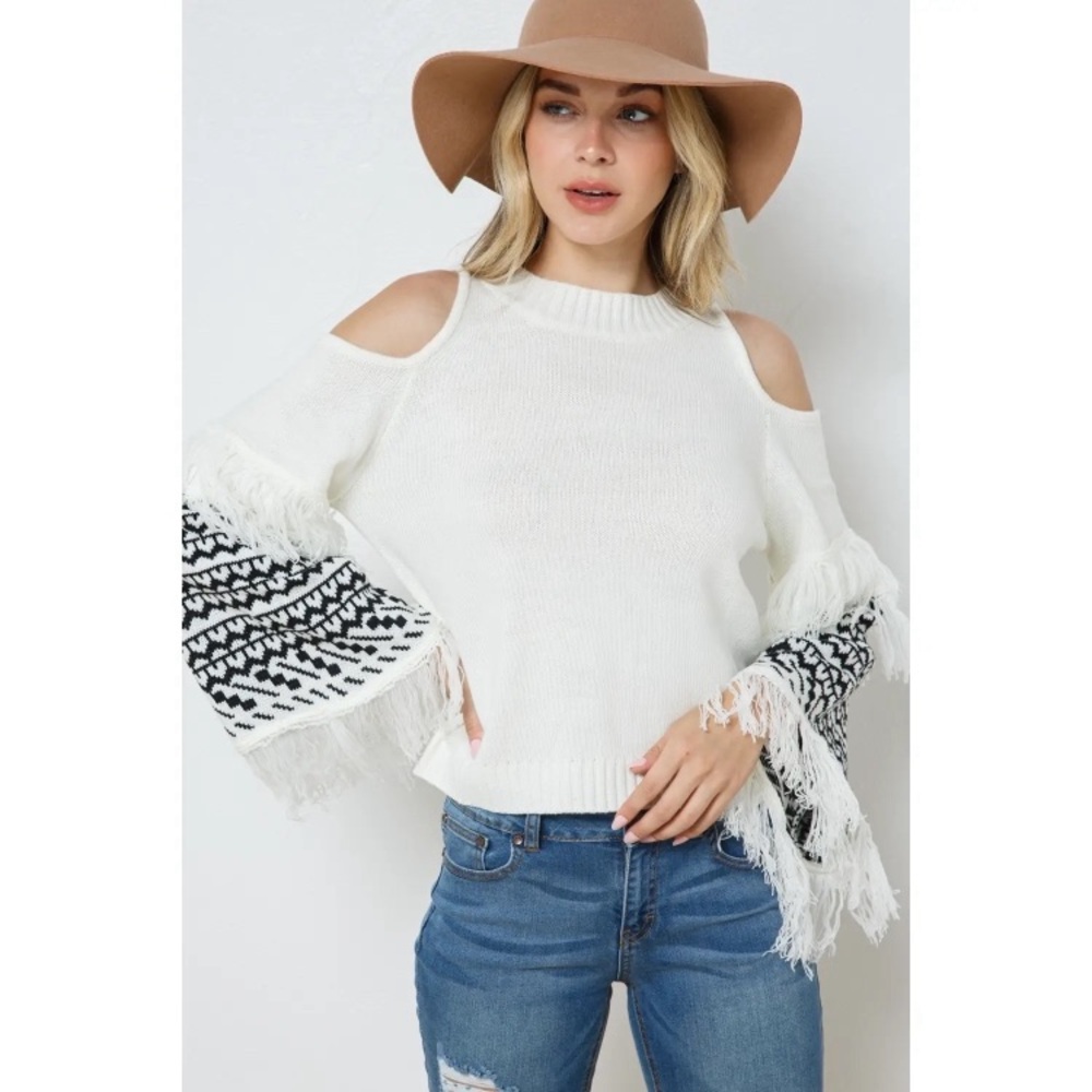 White Fringe Sweater with Black Patterned Sleeves Blue B